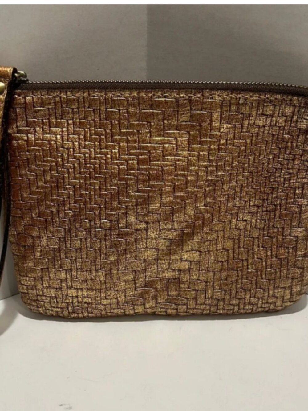 Patricia Nash Metallic Gold Leather Woven Clutch with Wrist Strap